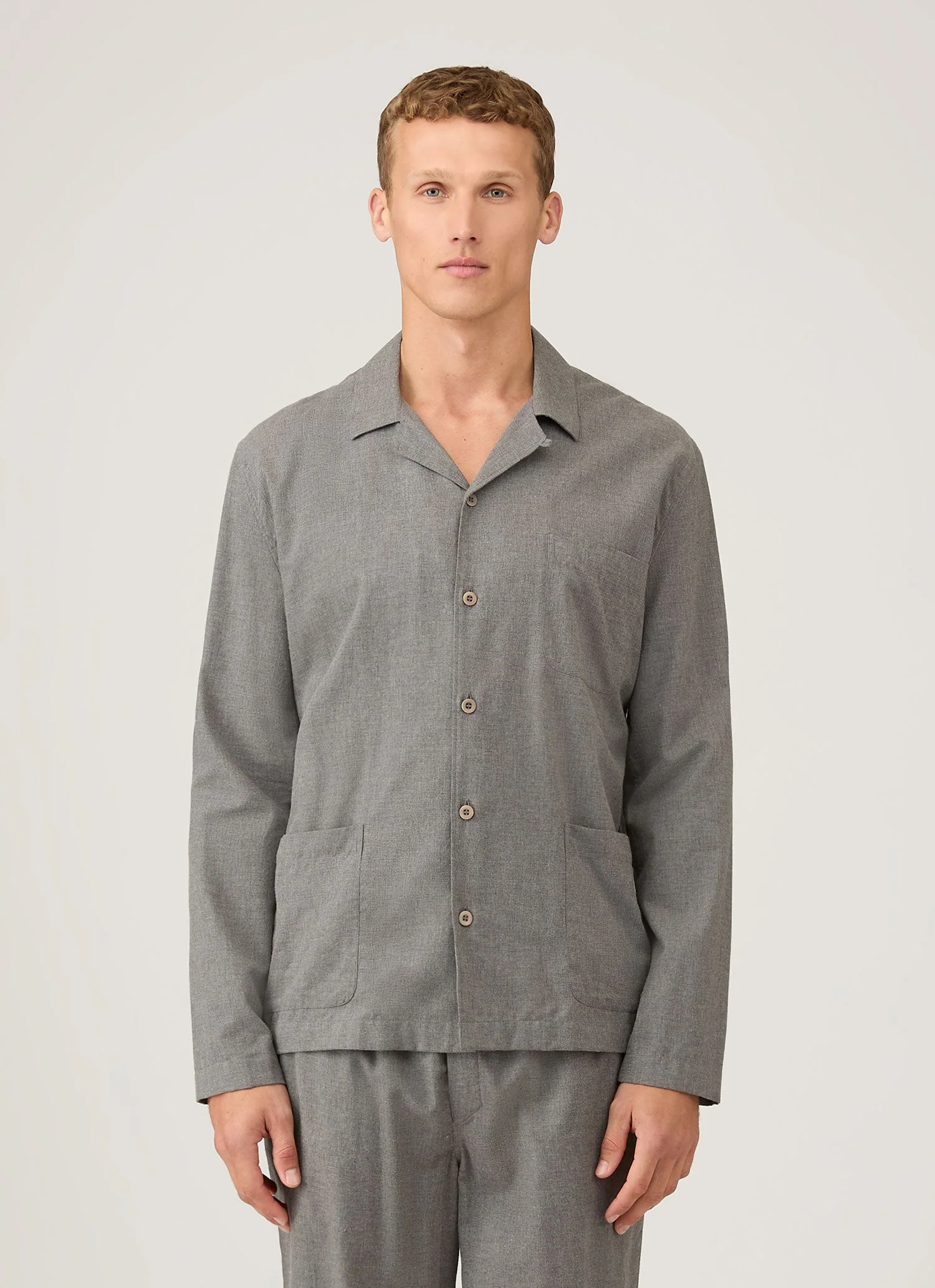 Men's Cotton Flannel Pyjama Shirt in Mid Grey Melange - Image 2