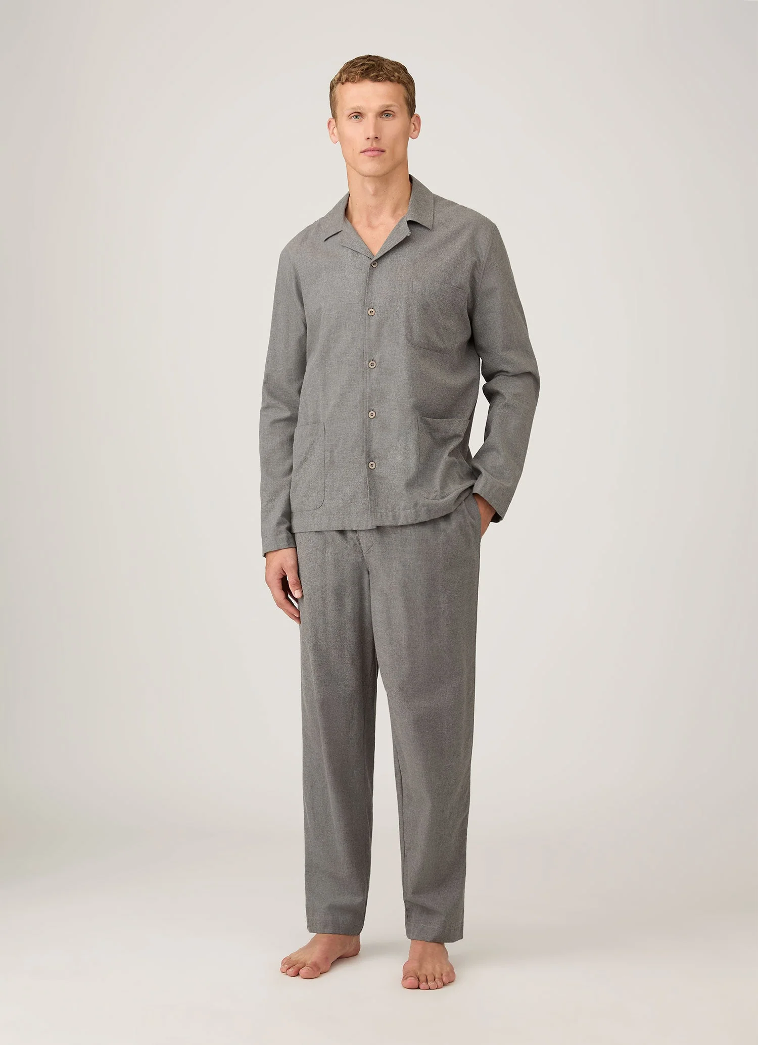 Men's Cotton Flannel Pyjama Shirt in Mid Grey Melange - Image 3