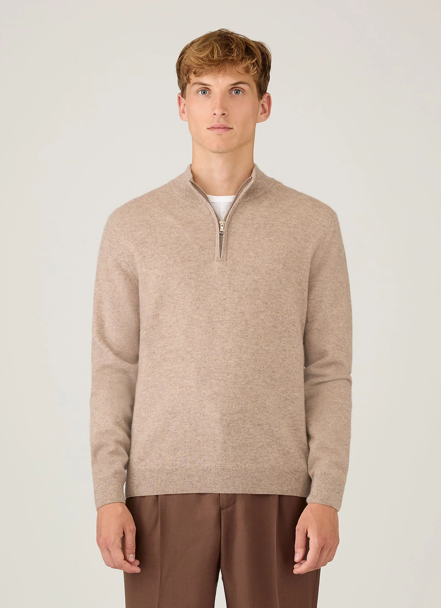 Men's Cashmere Half Zip Jumper in Oatmeal Melange - Image 2