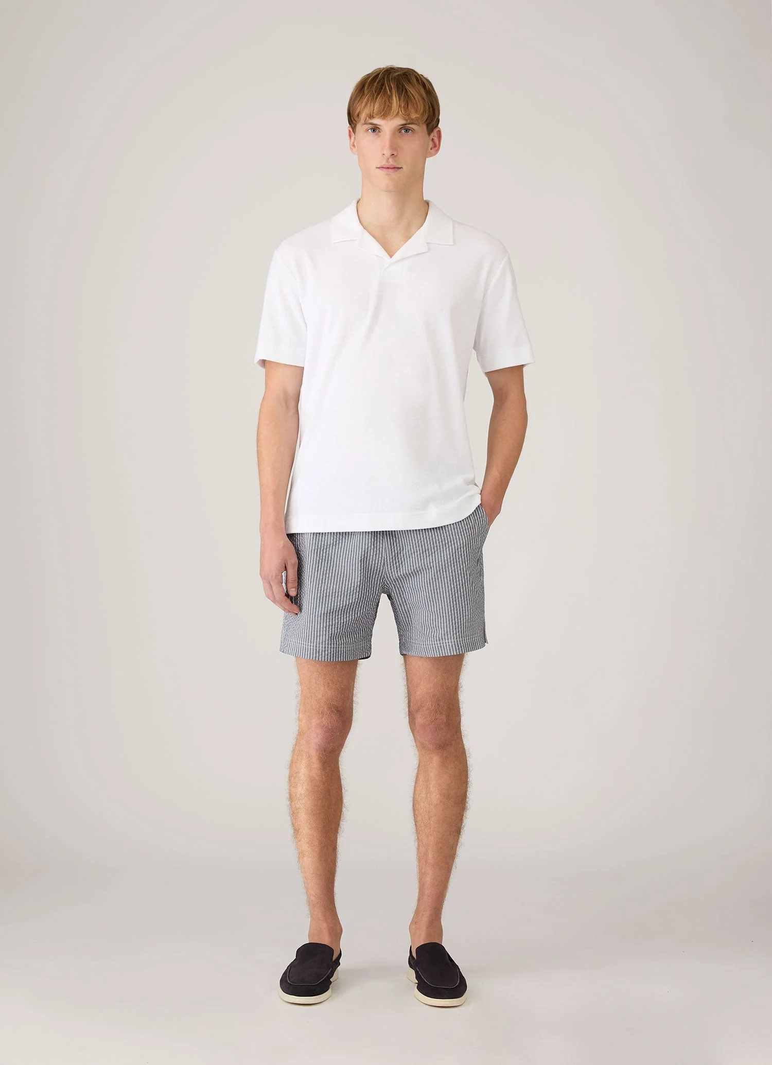 Men's Seersucker Swim Shorts in Navy/White - Image 3