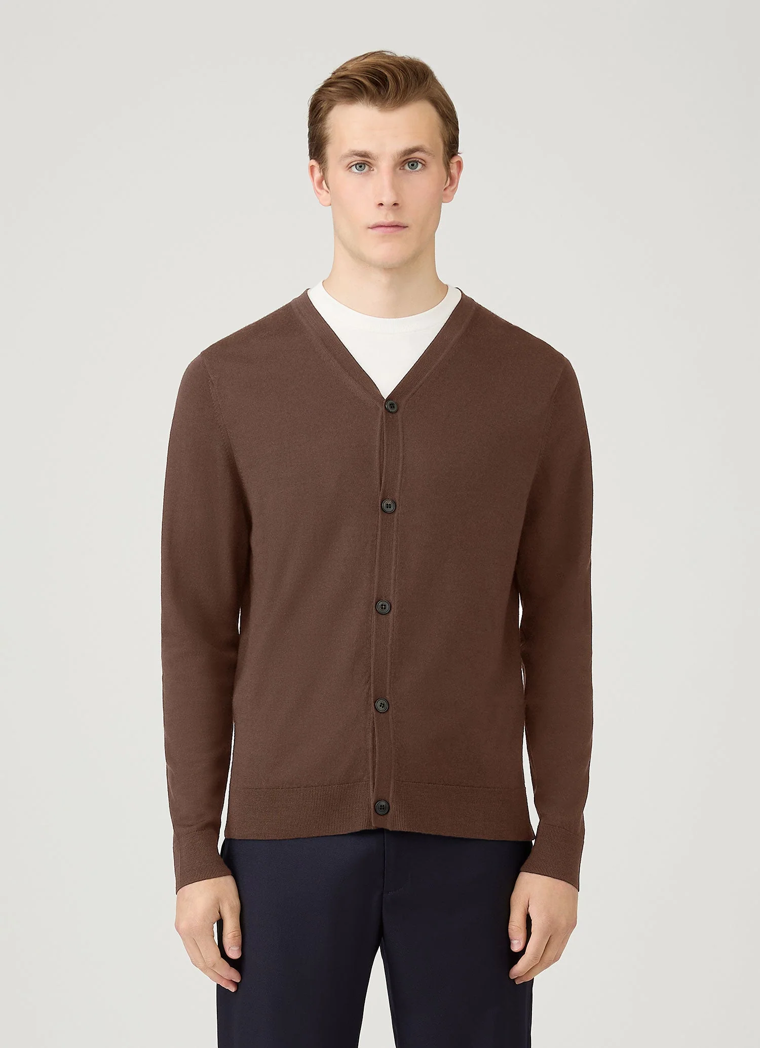 Men's Extra-Fine Merino Cardigan in Bark - Image 2