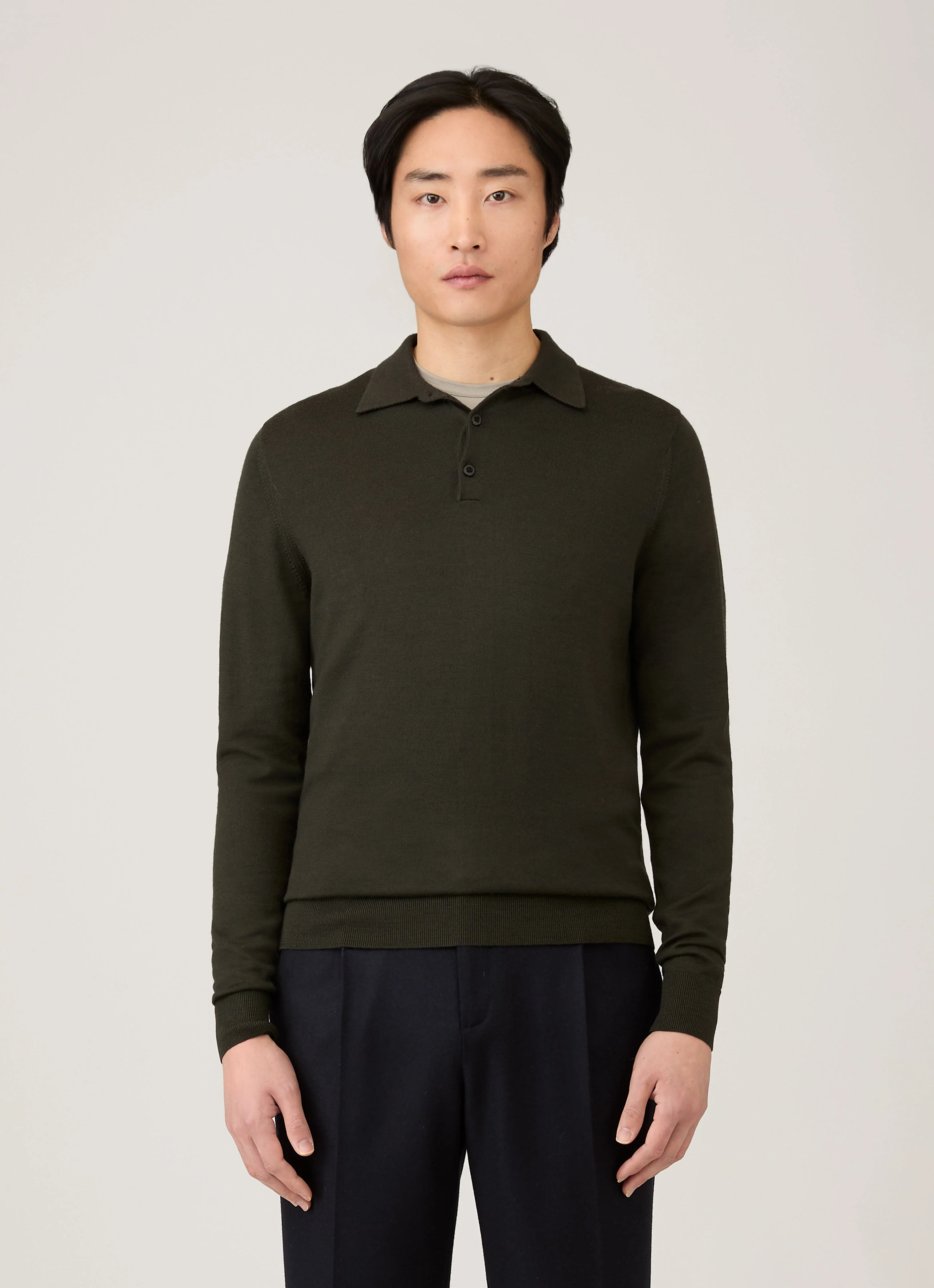 Men's Extra-Fine Merino Knitted Polo Shirt in Dark Green - Image 2