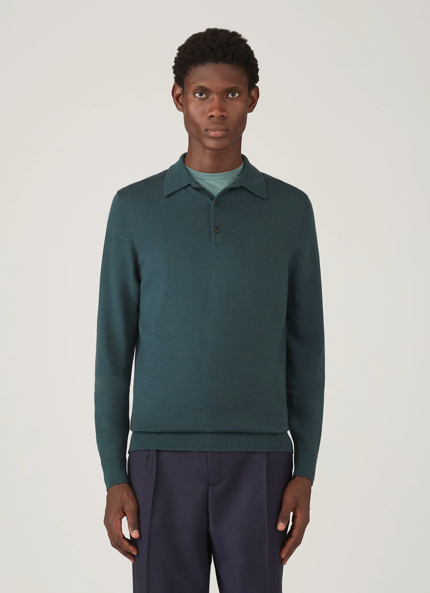 Men's Extra-Fine Merino Knitted Polo Shirt in Dark Petrol - Image 2
