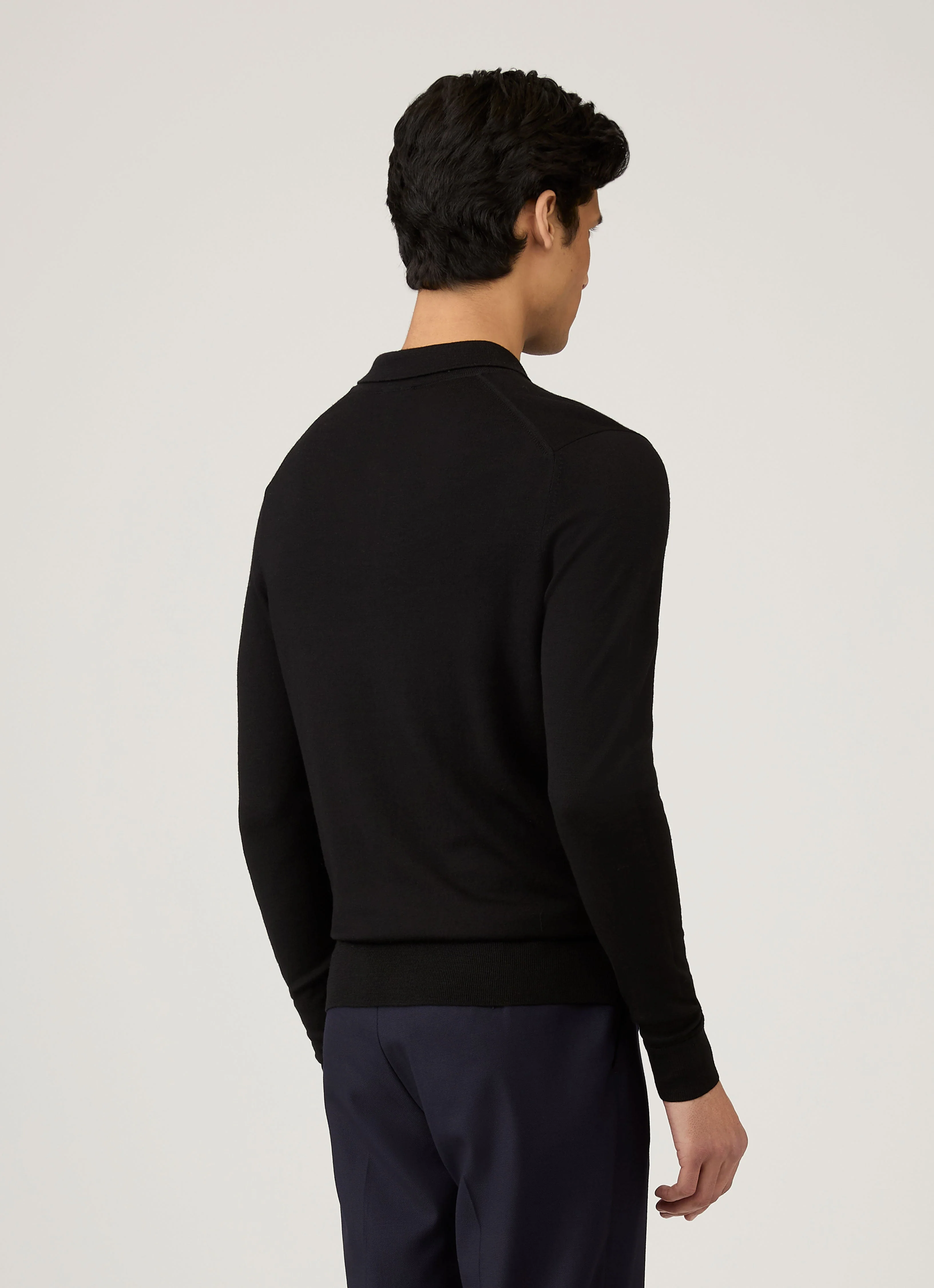 Men's Extra-Fine Merino Knitted Polo Shirt in Black - Image 5