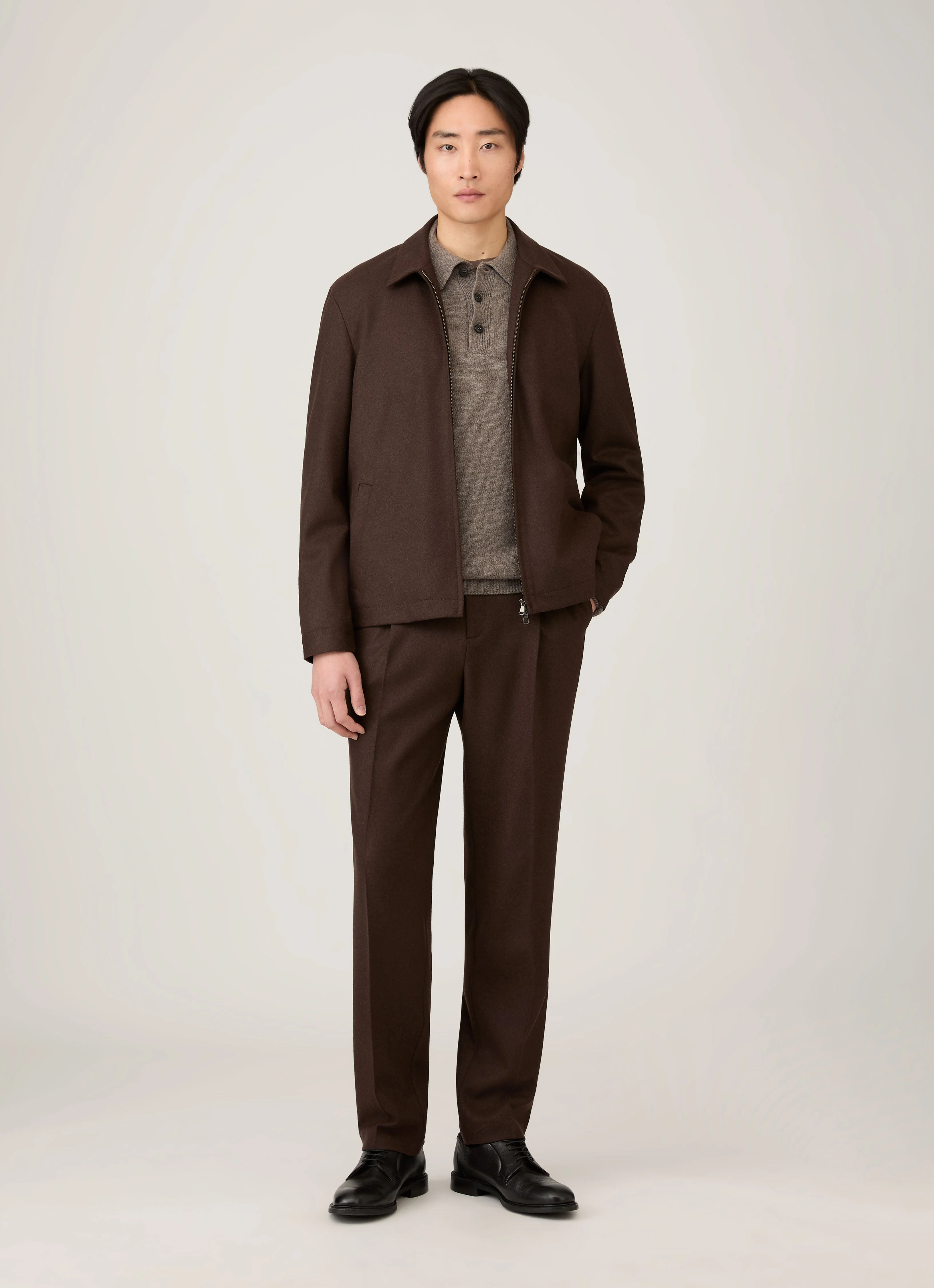 Men's Lambswool Knitted Polo Shirt in Bark - Image 3