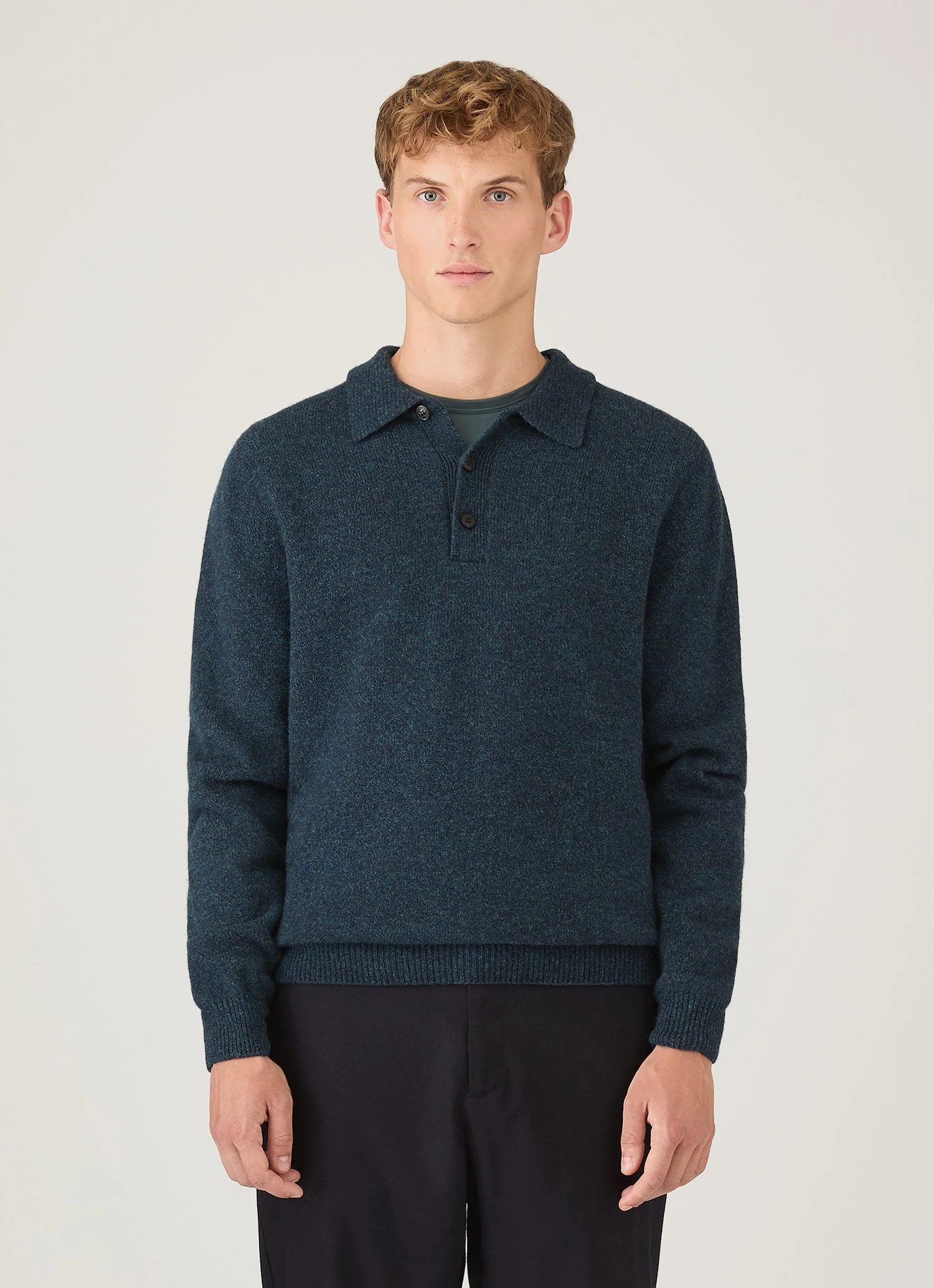Men's Lambswool Knitted Polo Shirt in Dark Petrol Twist - Image 2