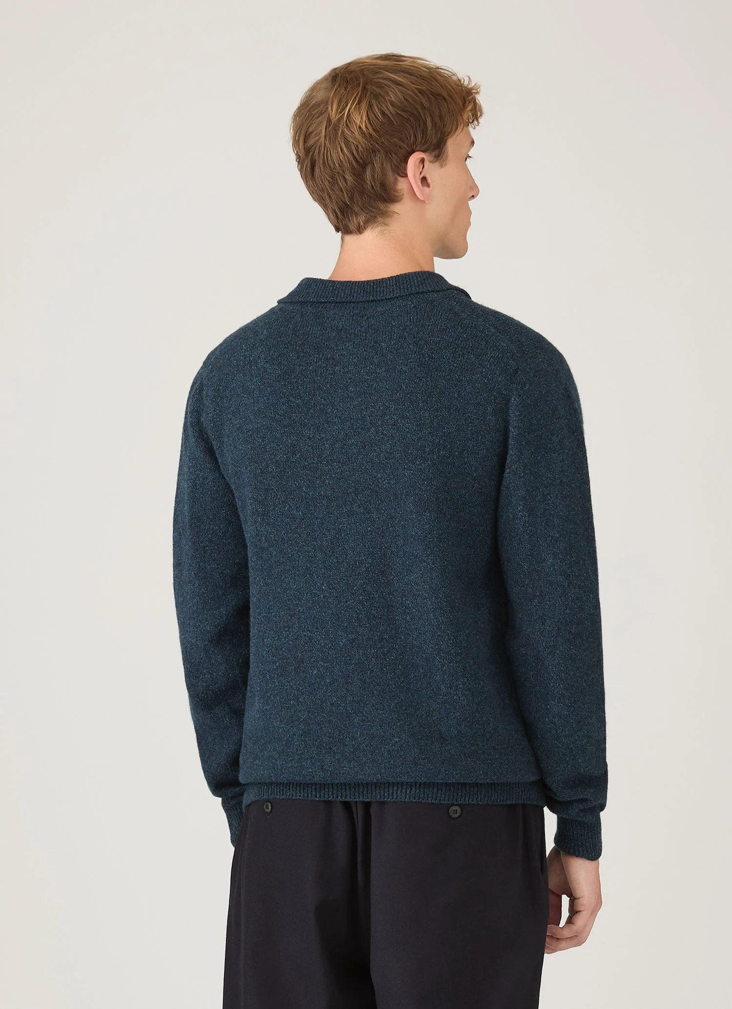Men's Lambswool Knitted Polo Shirt in Dark Petrol Twist - Image 5