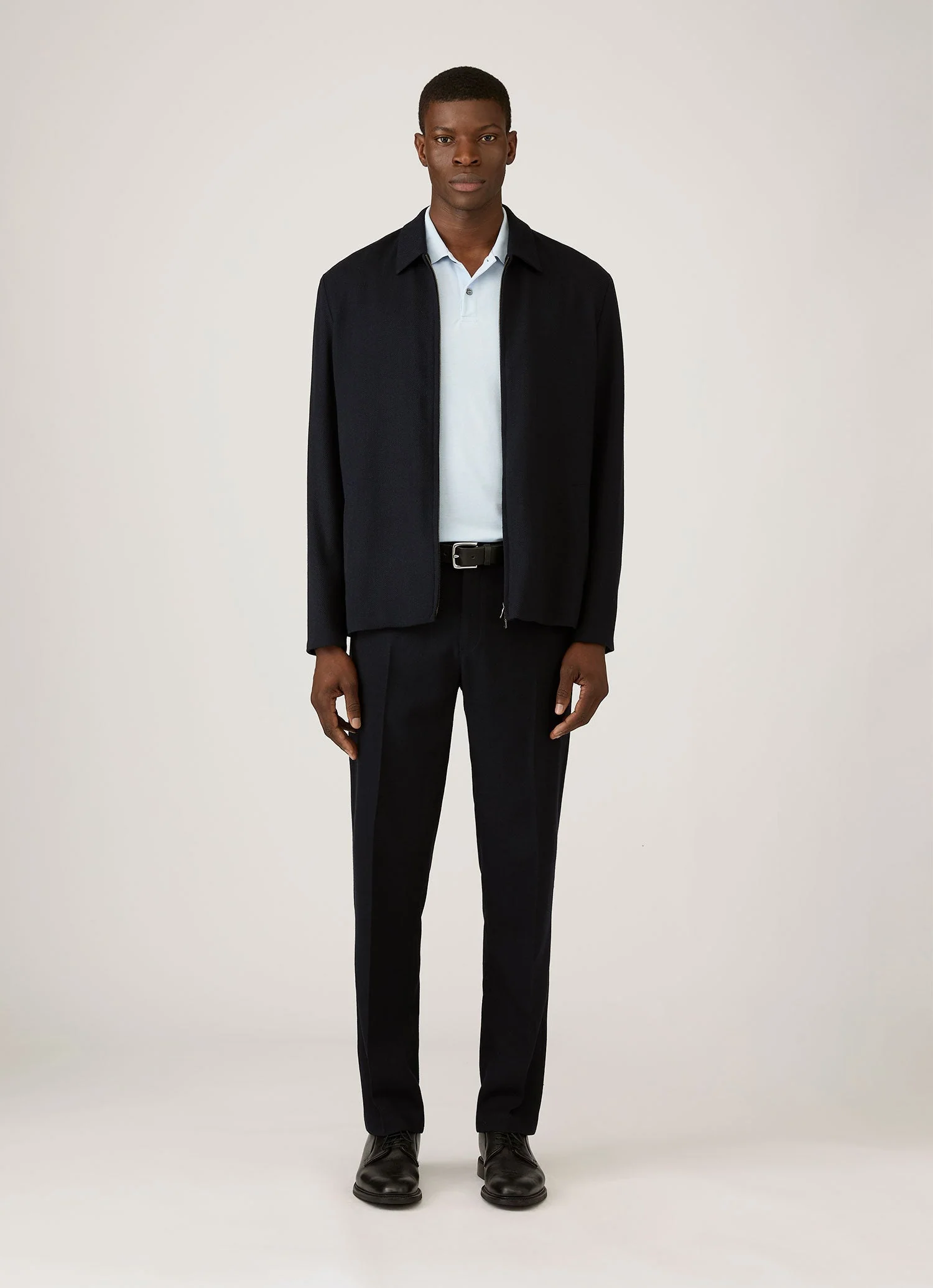 Men's Light Textured Wool Harrington Jacket in Navy - Image 3