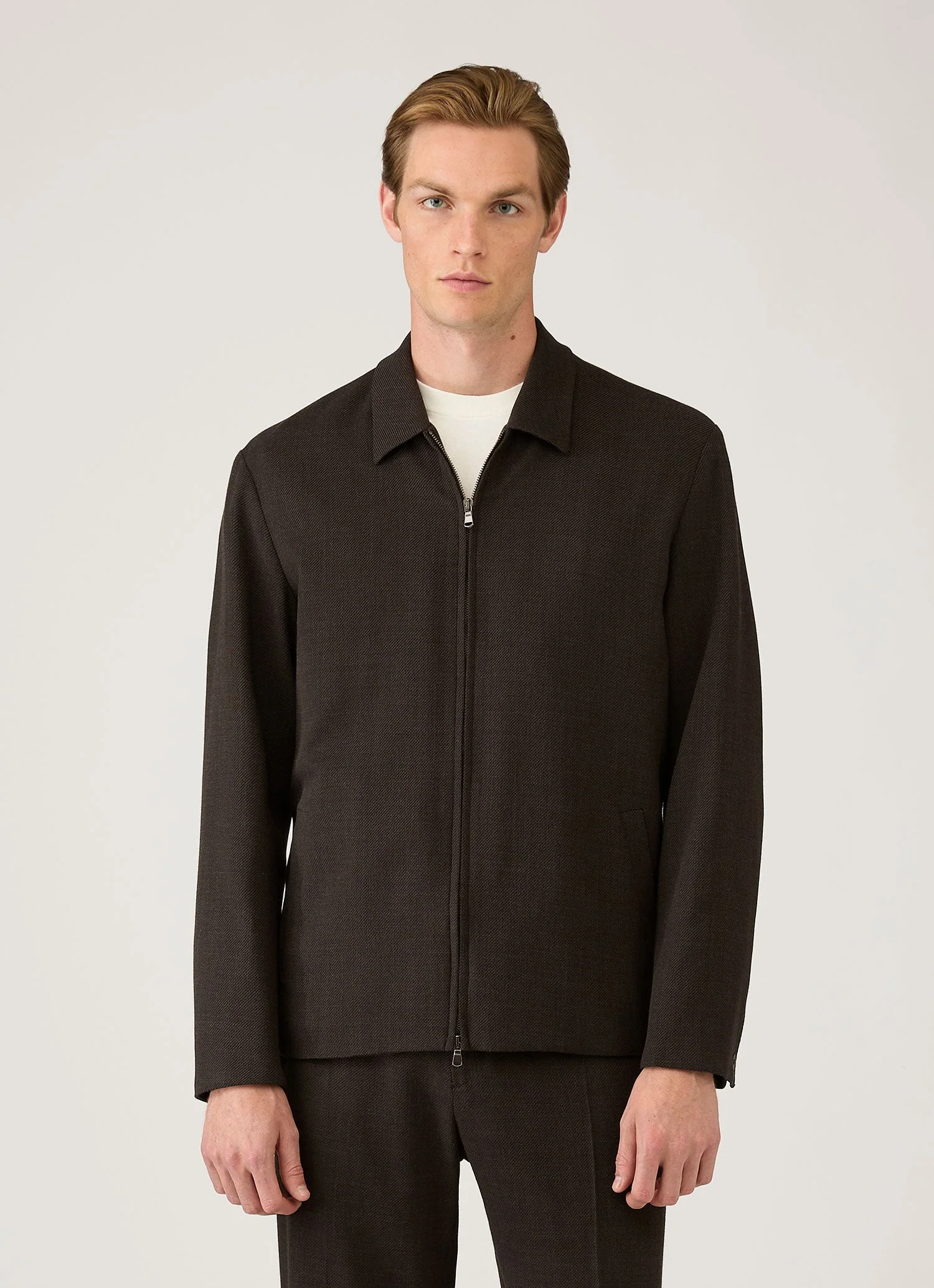 Men's Light Textured Wool Harrington Jacket in Truffle - Image 2