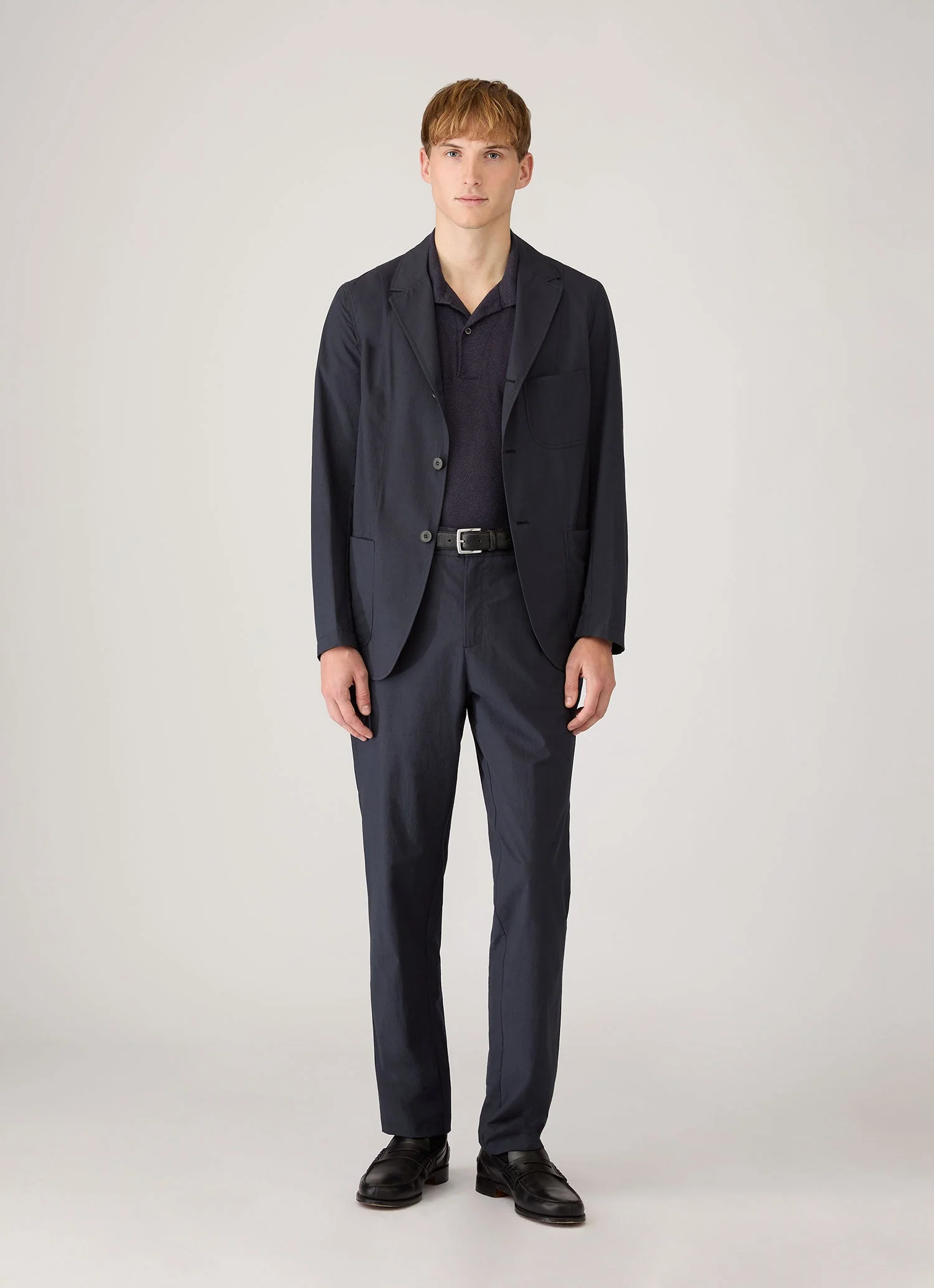 Men's Linen Piqué Polo Shirt in Navy - Image 3