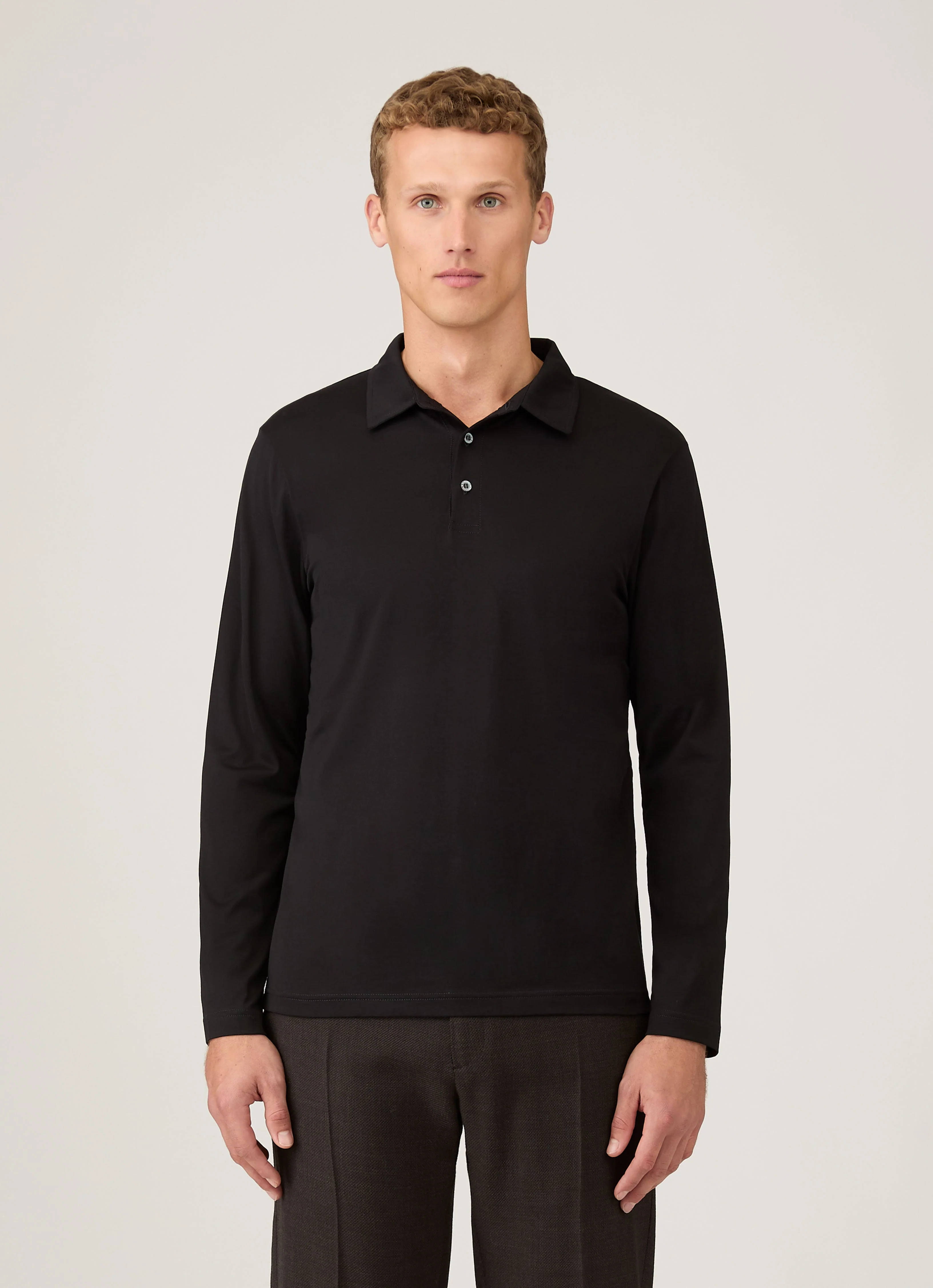 Men's Long Sleeve Classic Jersey Polo Shirt in Black - Image 2