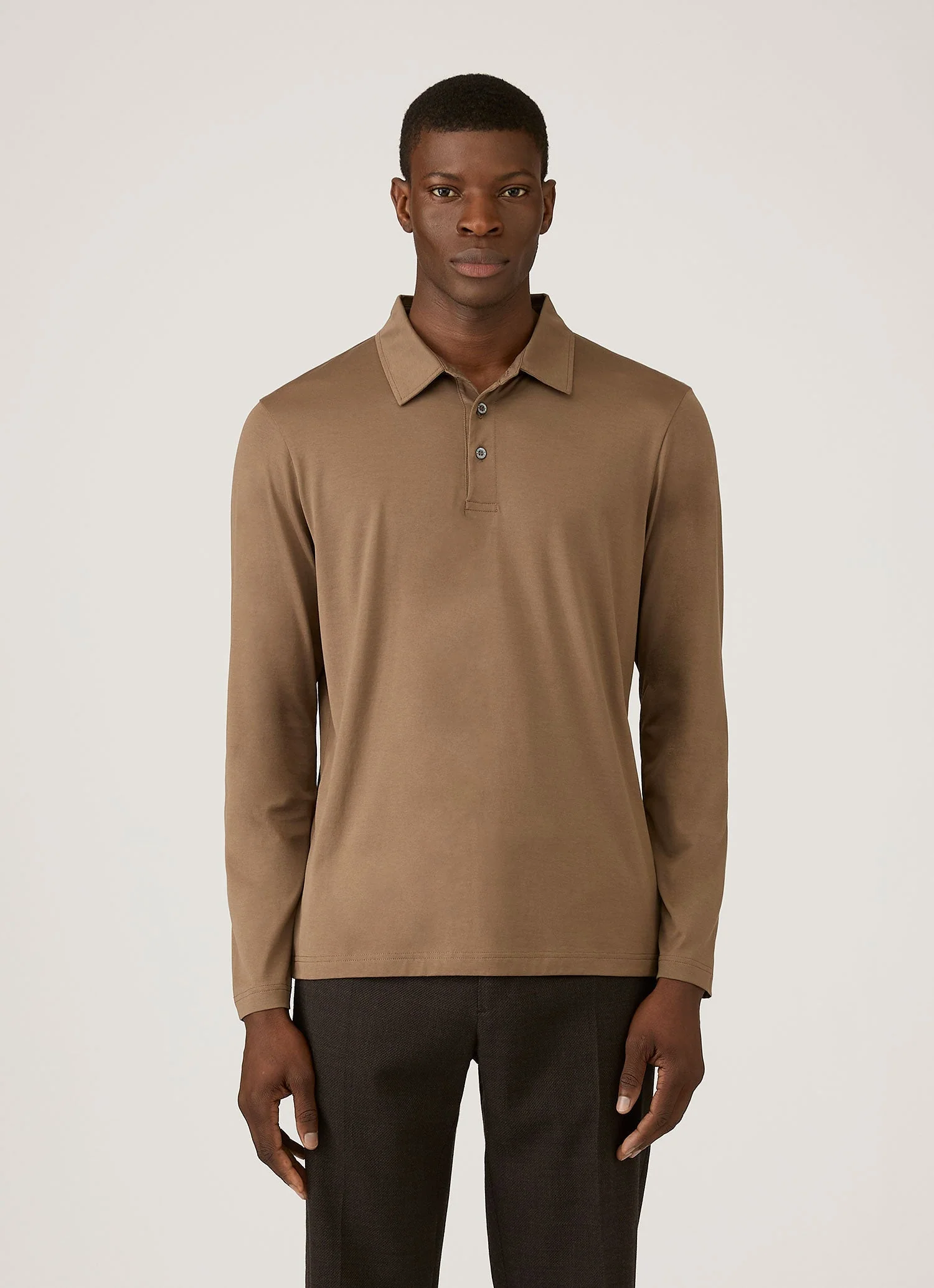 Men's Long Sleeve Classic Jersey Polo Shirt in Dark Cedar - Image 2