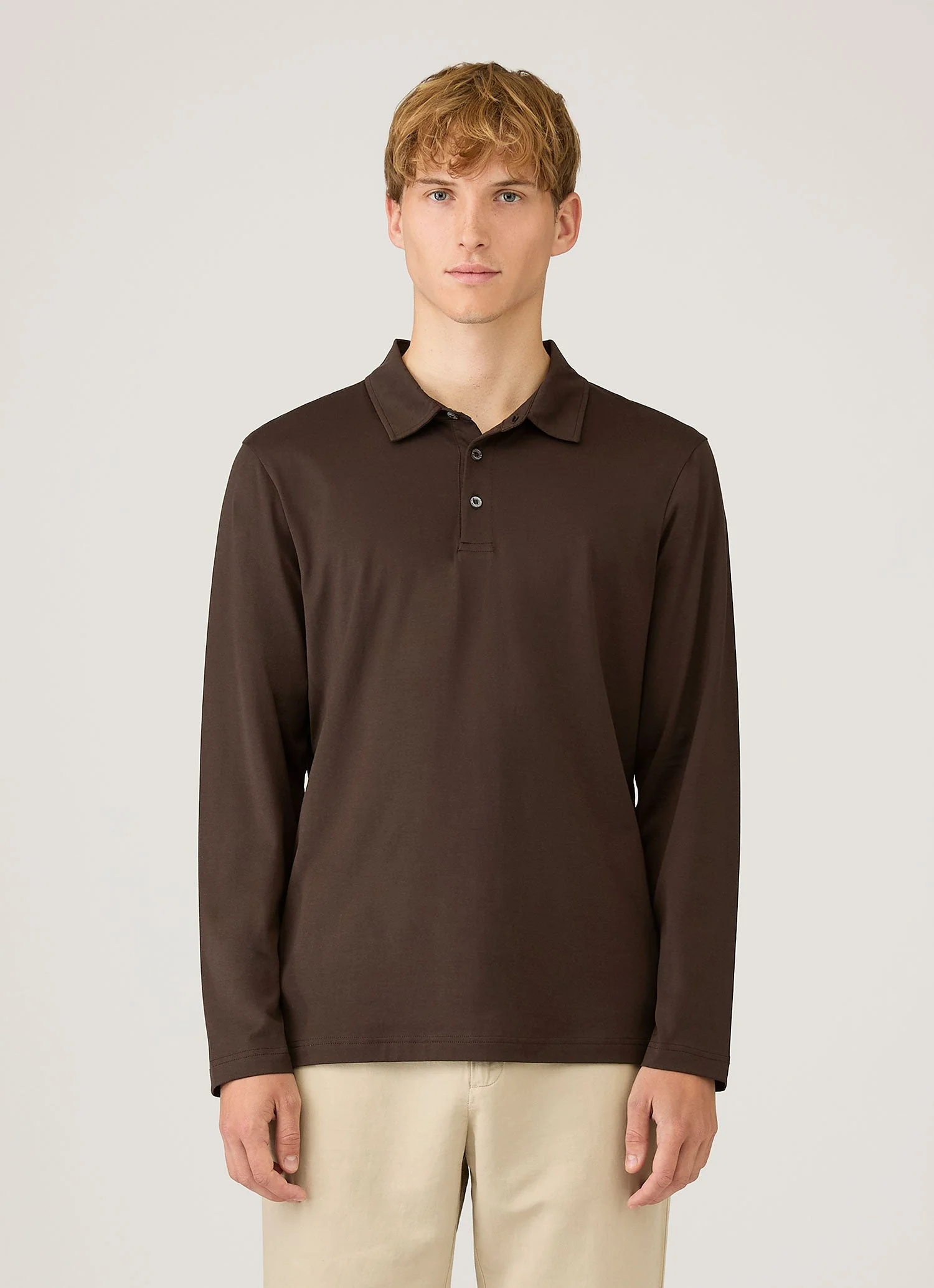 Men's Long Sleeve Classic Jersey Polo Shirt in Dark Chocolate - Image 2