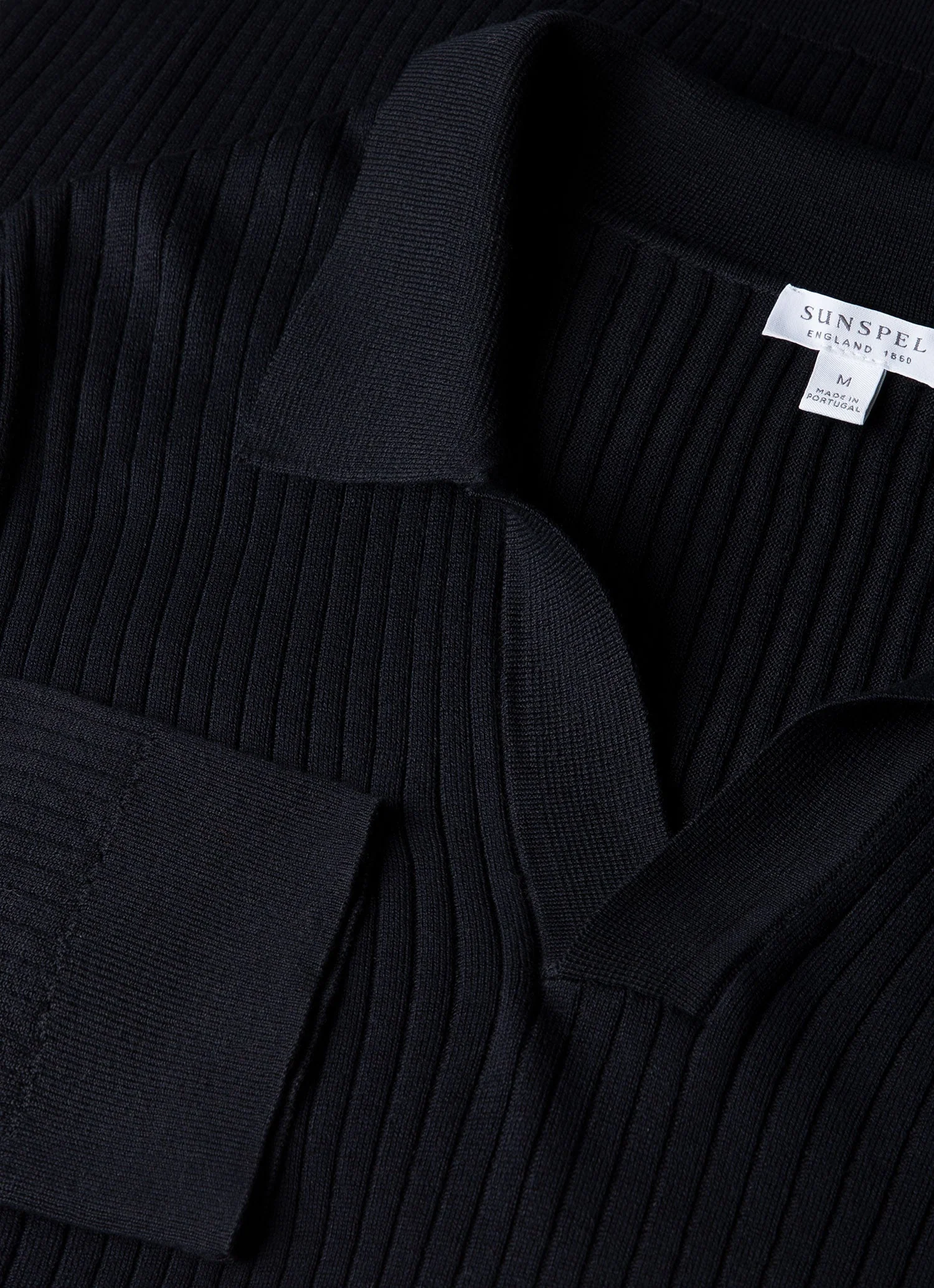 Men's Long Sleeve Fine Rib Silk Cotton Polo in Navy - Image 4