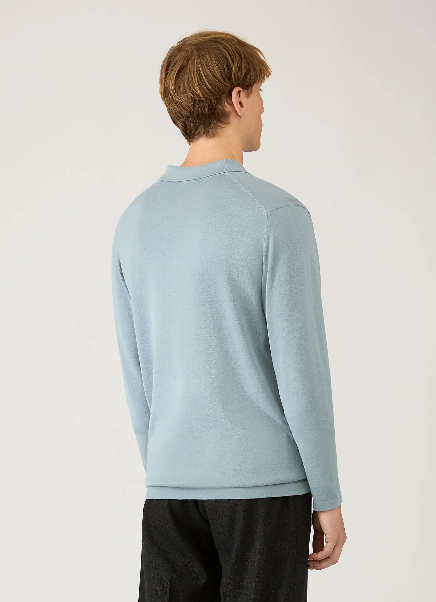 Men's Long Sleeve Sea Island Cotton Knit Polo Shirt in Stone Blue - Image 5