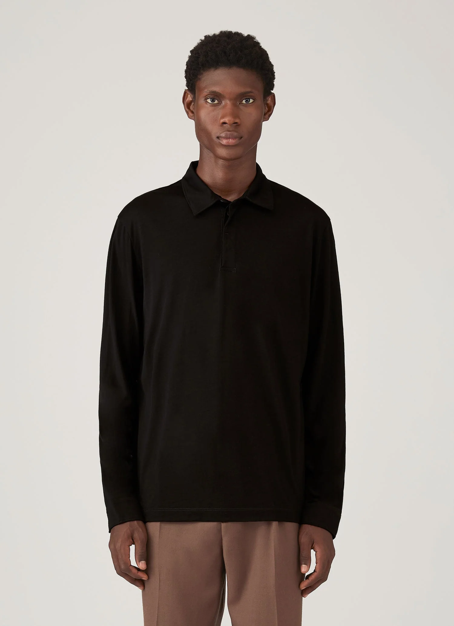 Men's Long Sleeve Ultra-Fine Merino Polo Shirt in Black - Image 2