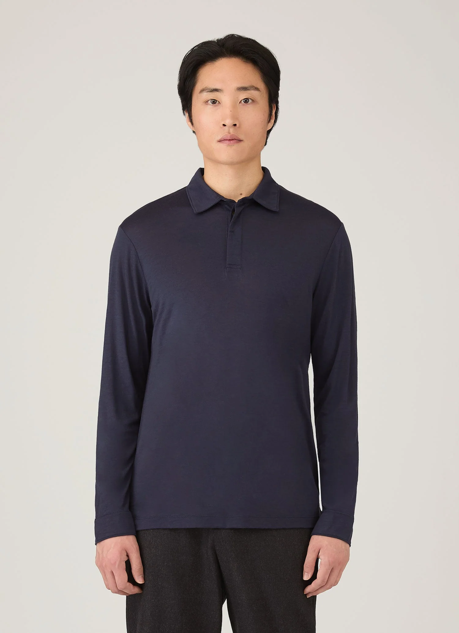 Men's Long Sleeve Ultra-Fine Merino Polo Shirt in Navy - Image 2