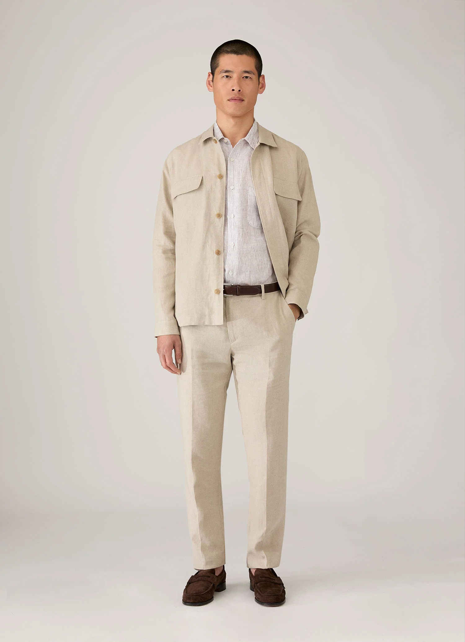 Men's Short Sleeve Linen Shirt in White/Dark Chocolate - Image 3