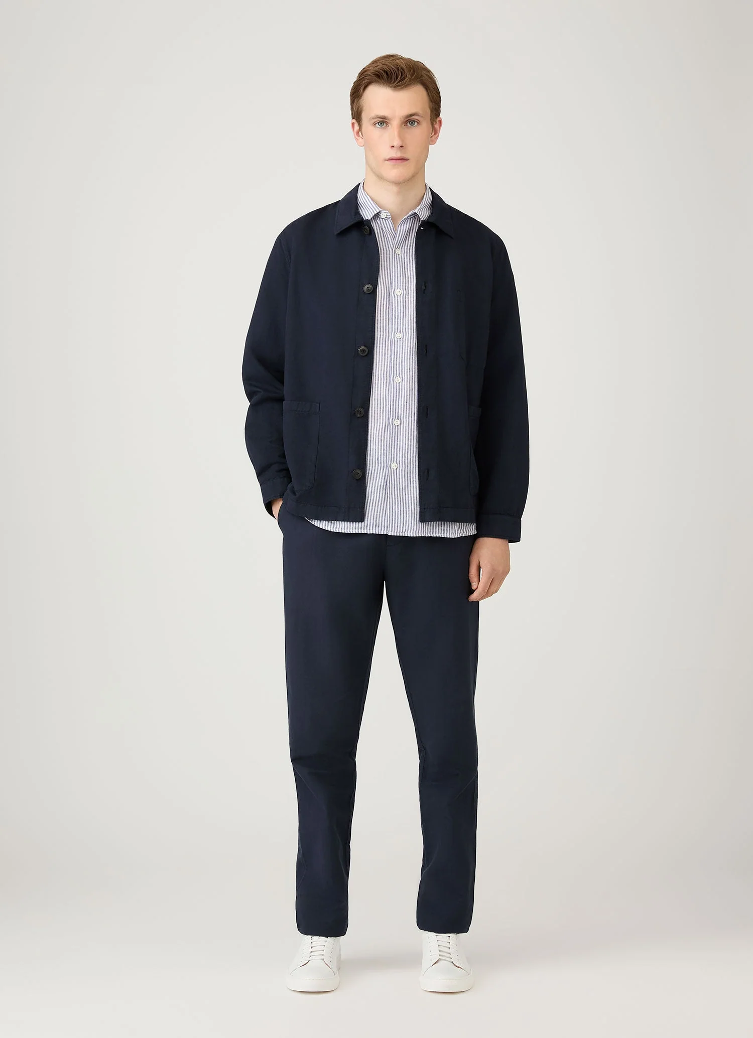 Men's Short Sleeve Linen Shirt in White/Navy - Image 3