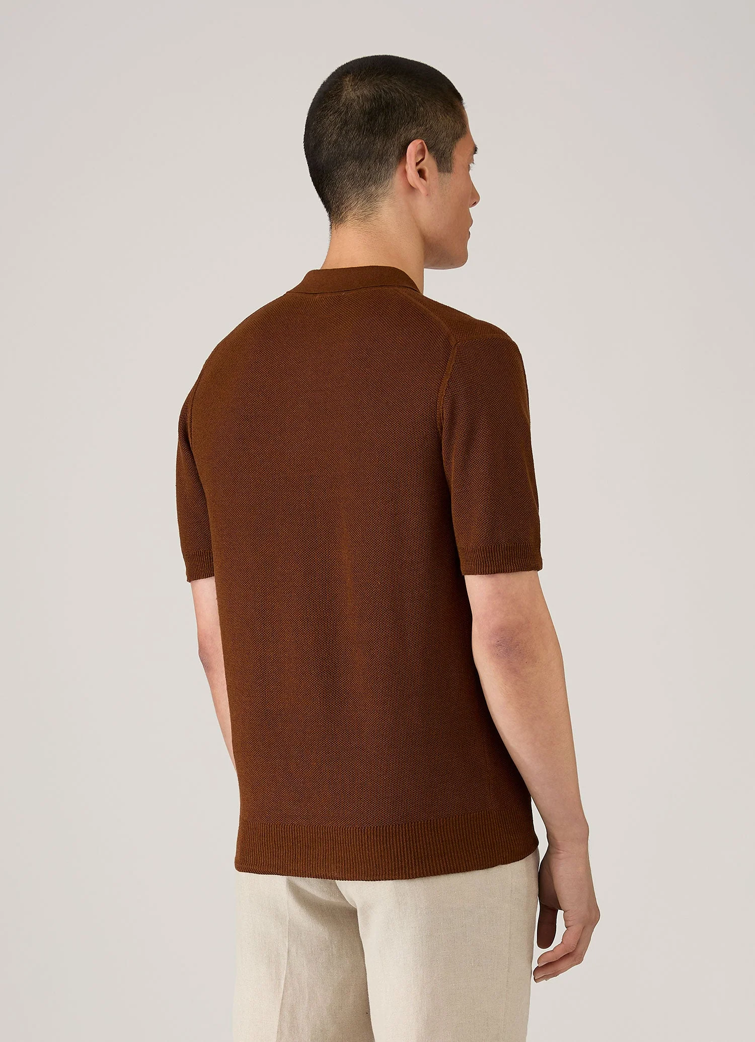 Men's Silk Linen Honeycomb Polo in Bronze - Image 5