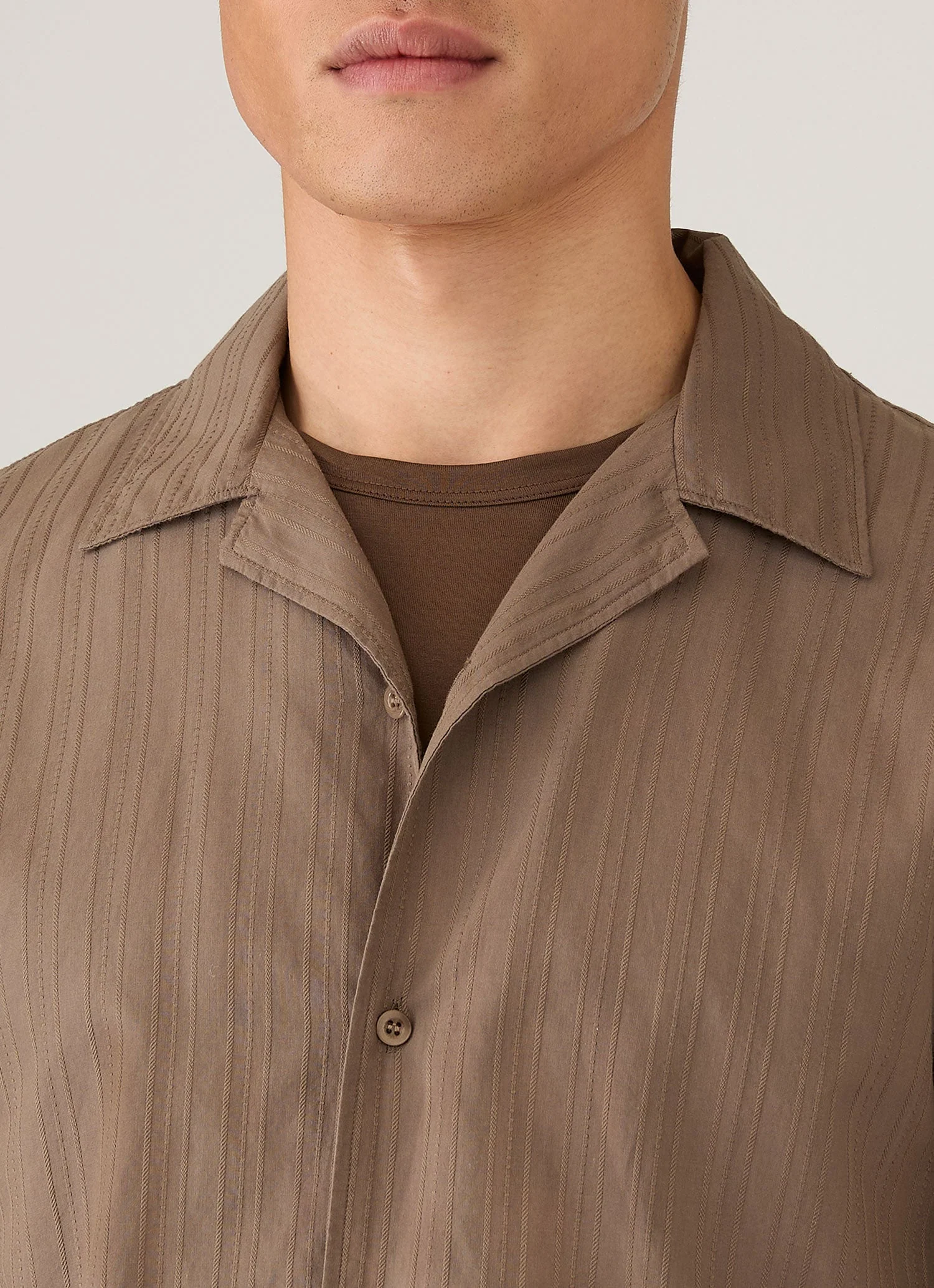 Men's Textured Stripe Camp Collar Shirt in Dark Cedar - Image 6