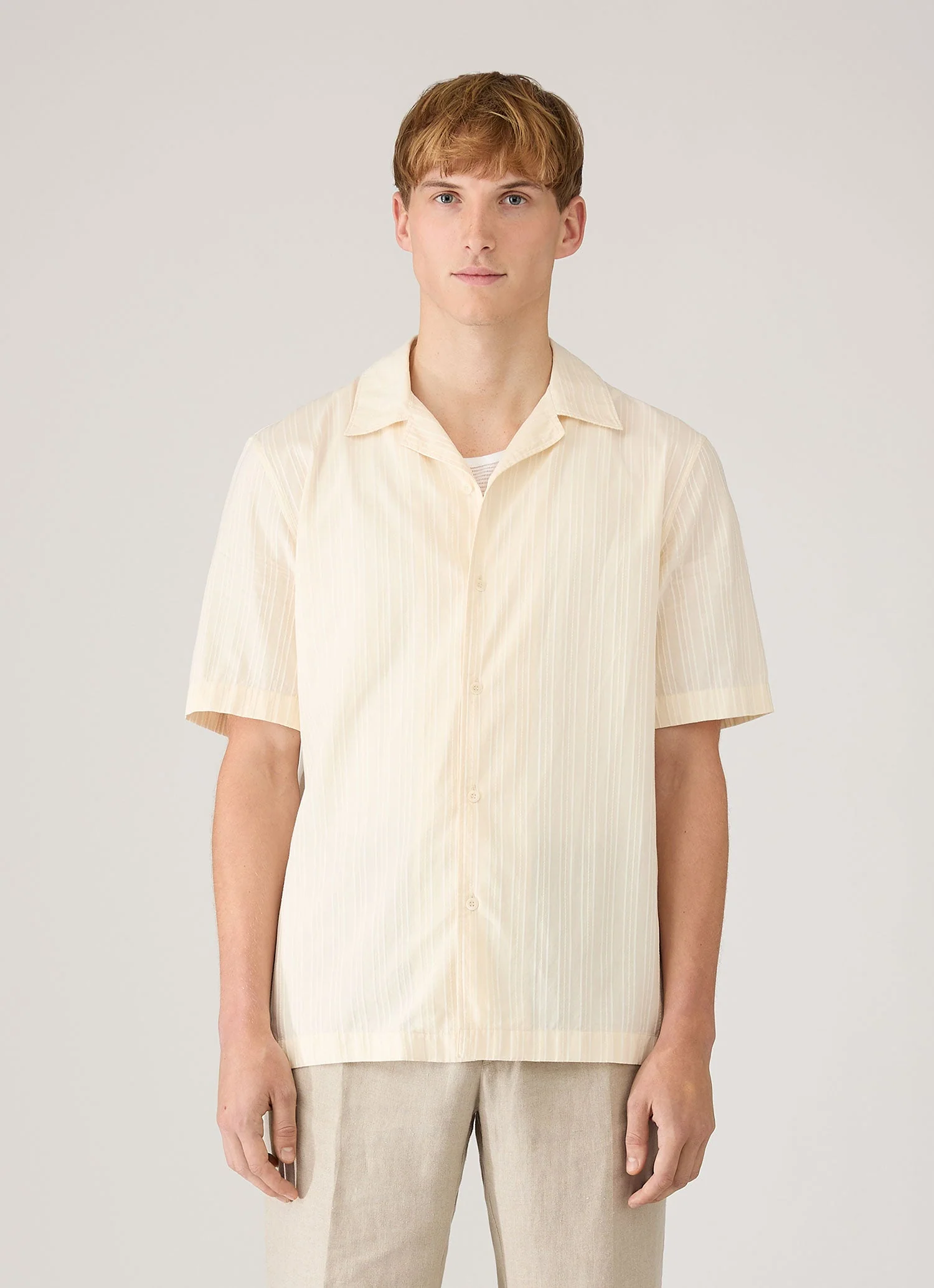 Men's Textured Stripe Camp Collar Shirt in Ecru - Image 2