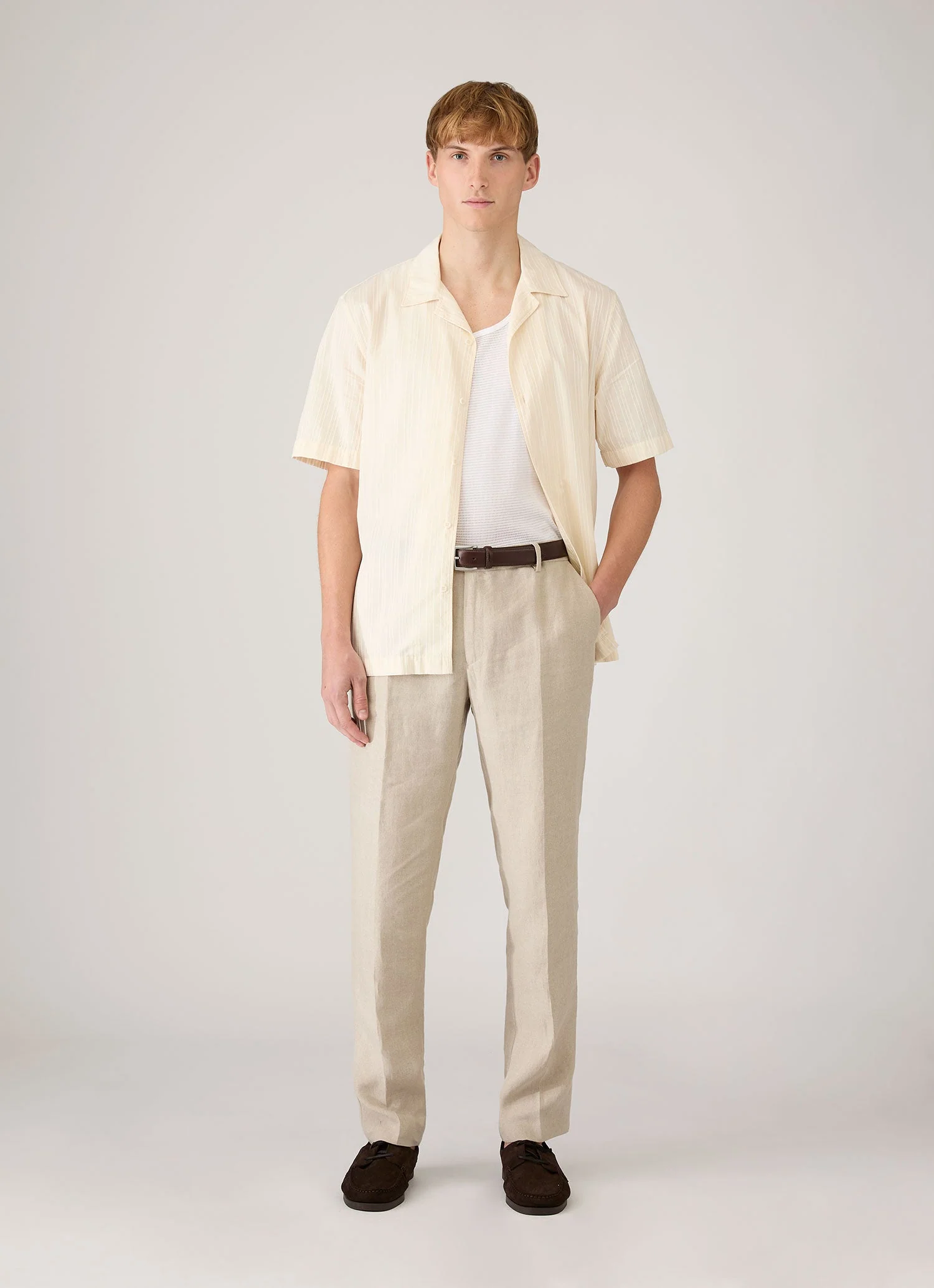 Men's Textured Stripe Camp Collar Shirt in Ecru - Image 3