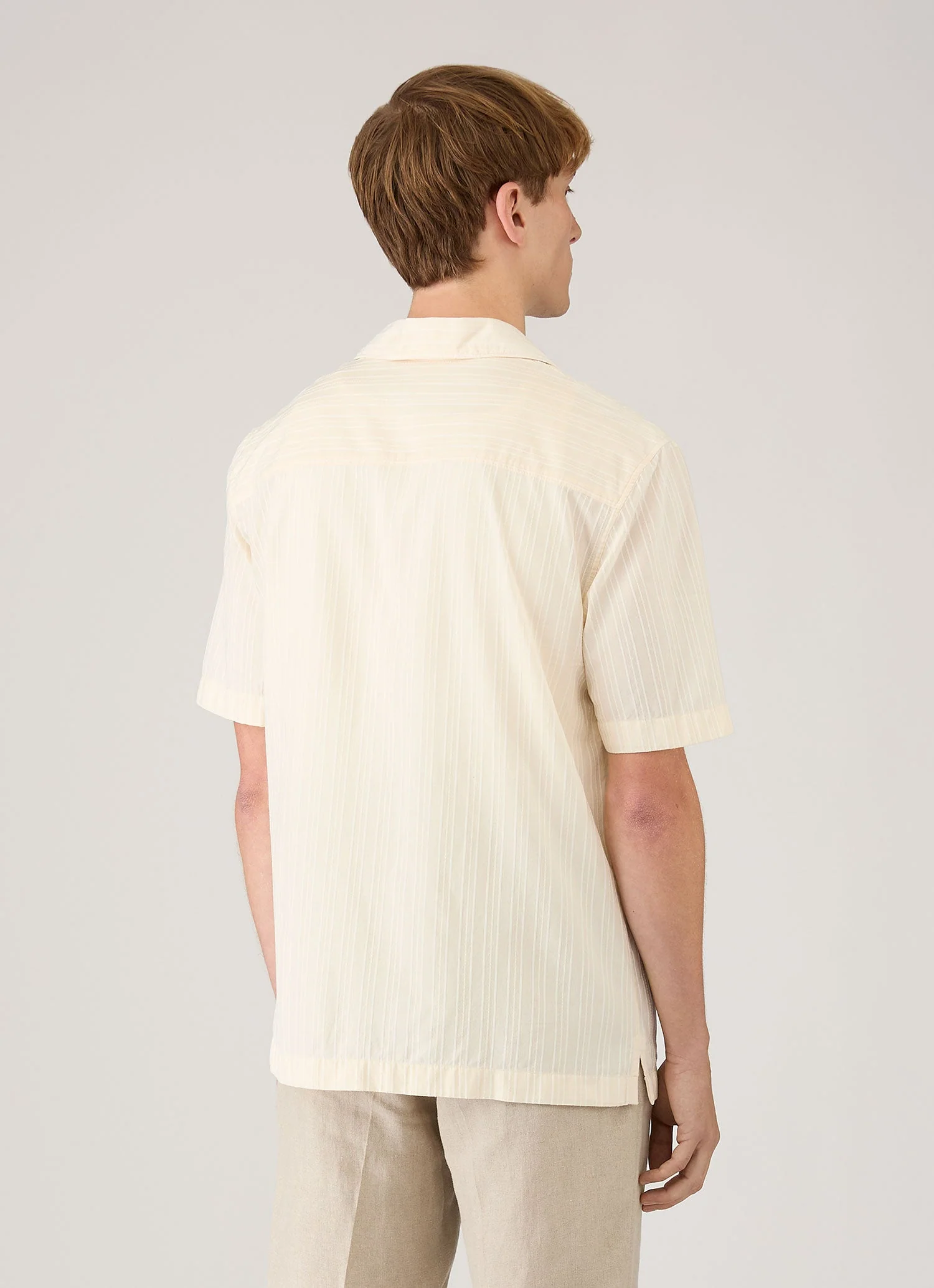Men's Textured Stripe Camp Collar Shirt in Ecru - Image 5