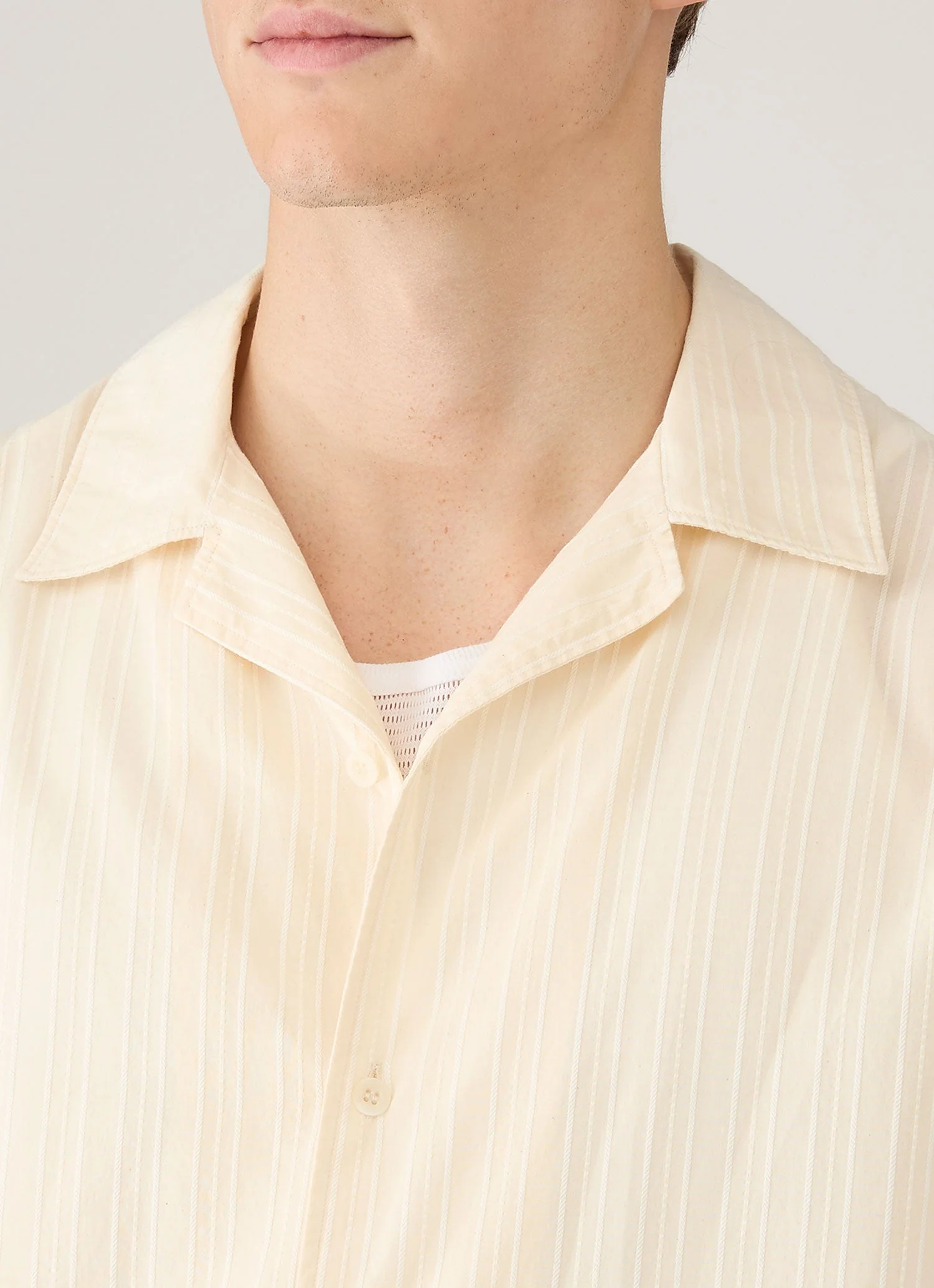 Men's Textured Stripe Camp Collar Shirt in Ecru - Image 6