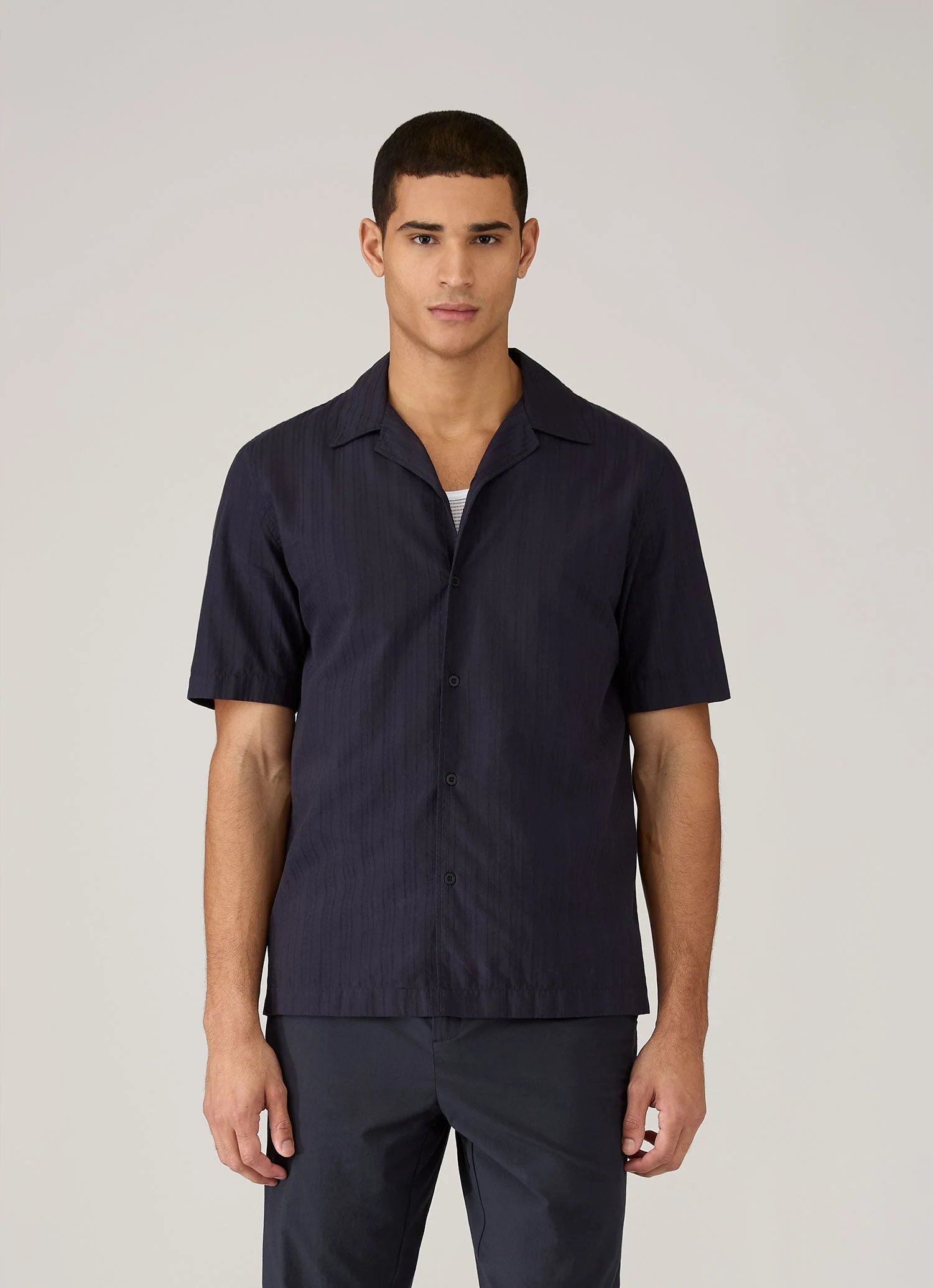 Men's Textured Stripe Camp Collar Shirt in Navy - Image 2