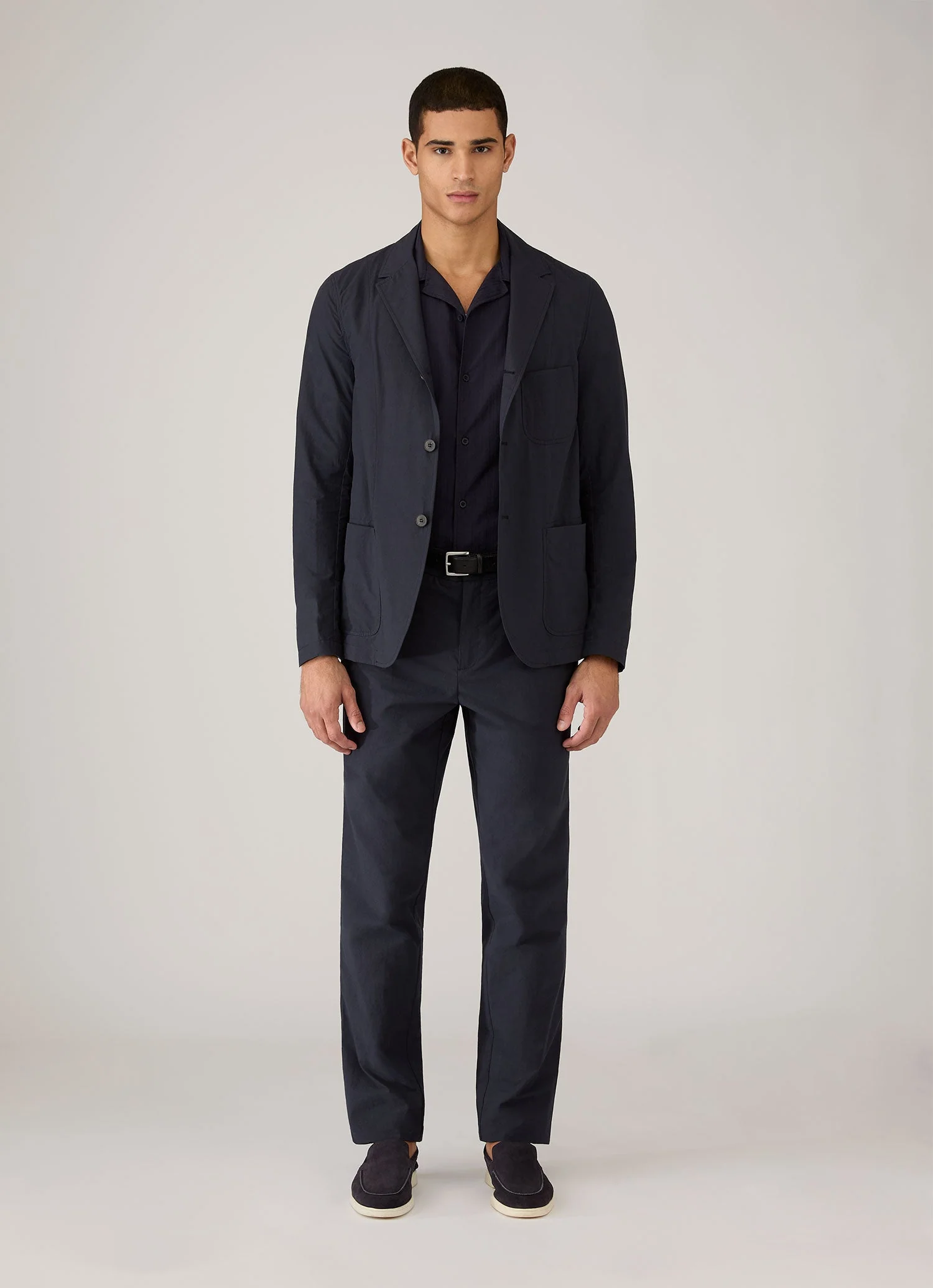 Men's Textured Stripe Camp Collar Shirt in Navy - Image 3