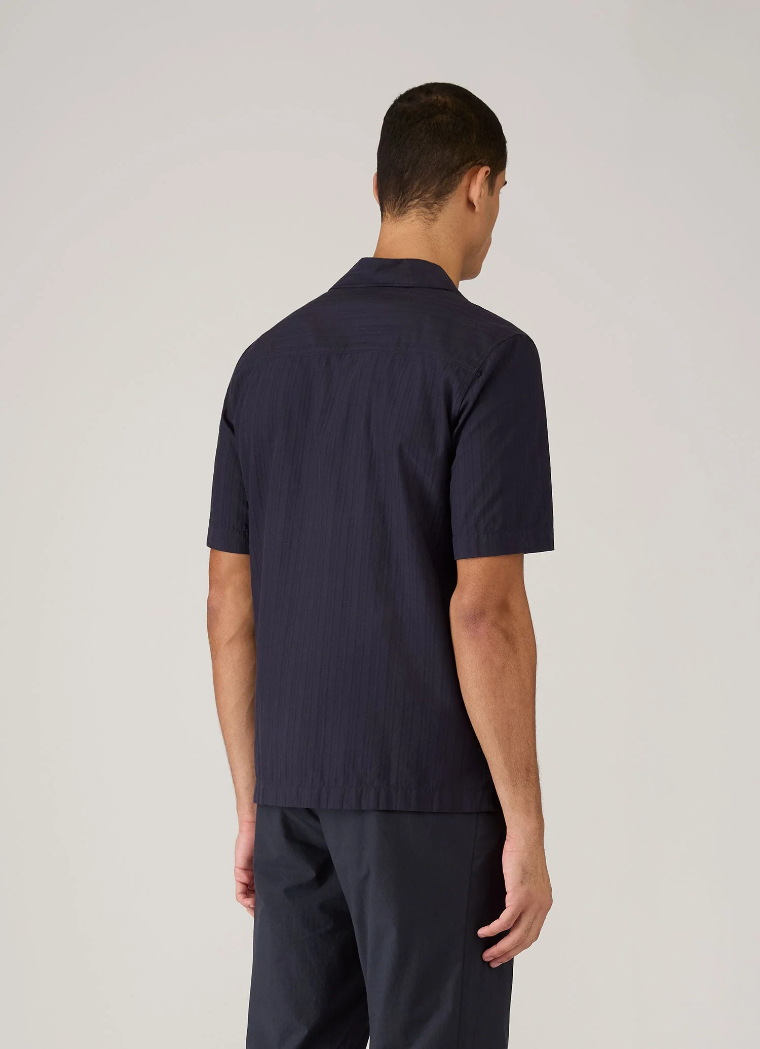 Men's Textured Stripe Camp Collar Shirt in Navy - Image 5