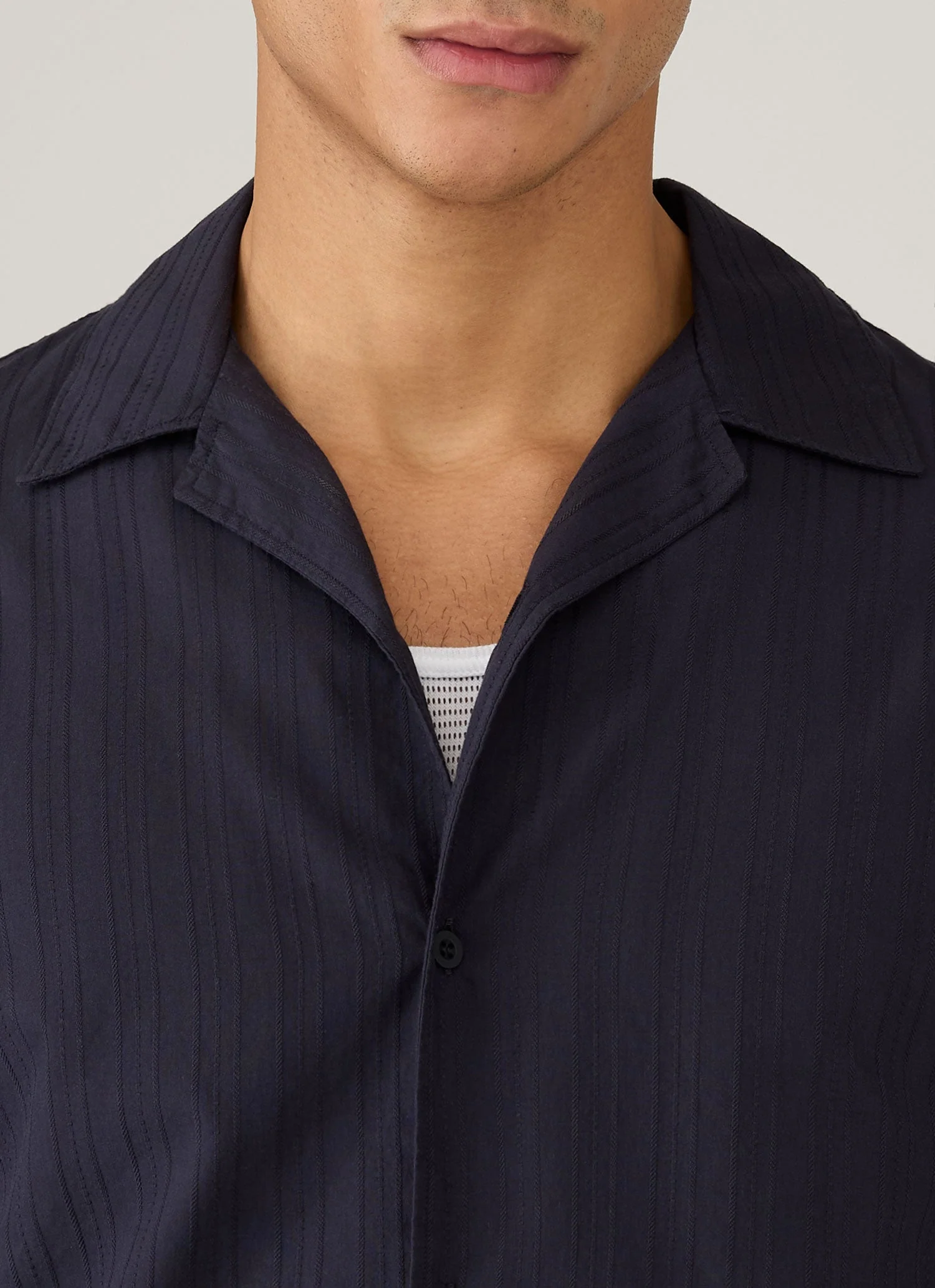 Men's Textured Stripe Camp Collar Shirt in Navy - Image 6