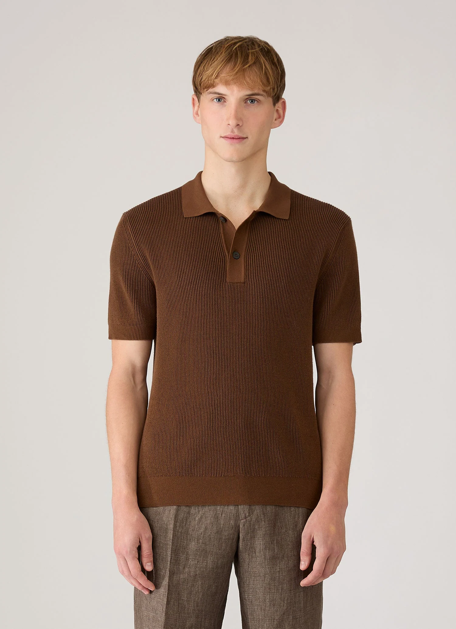 Men's Contrast Rib Polo Shirt in Bronze - Image 2