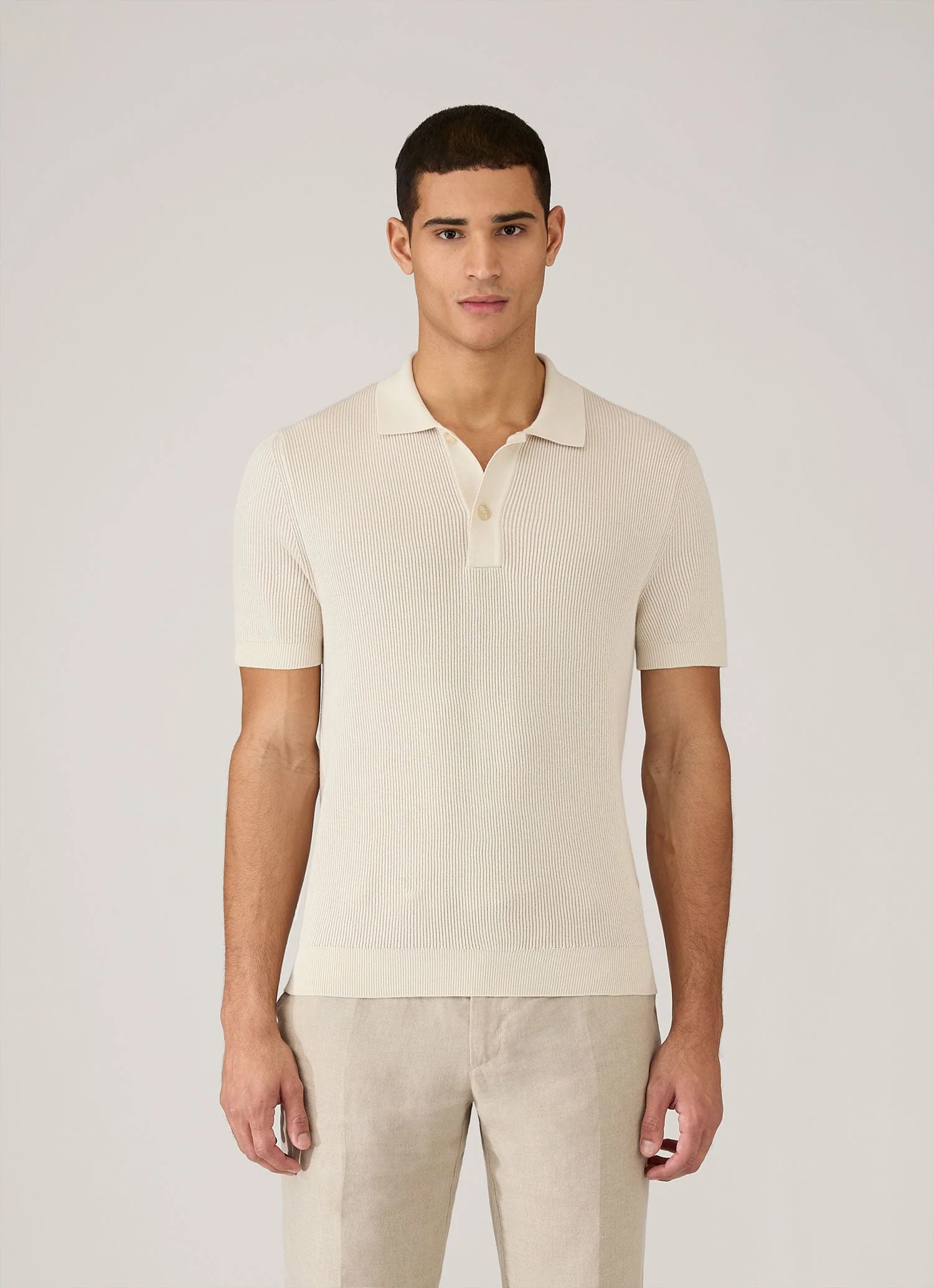 Men's Contrast Rib Polo Shirt in Ecru - Image 2