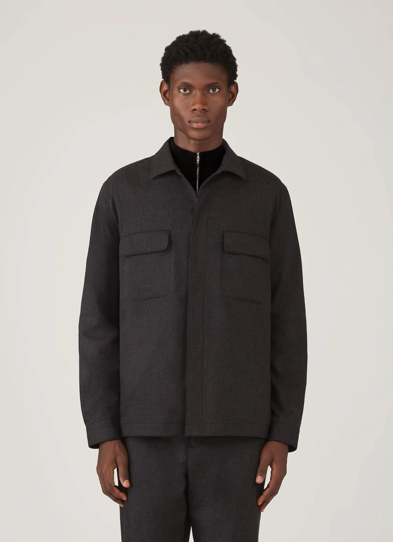 Men's Wool Cashmere Flannel Overshirt in Charcoal Melange - Image 2
