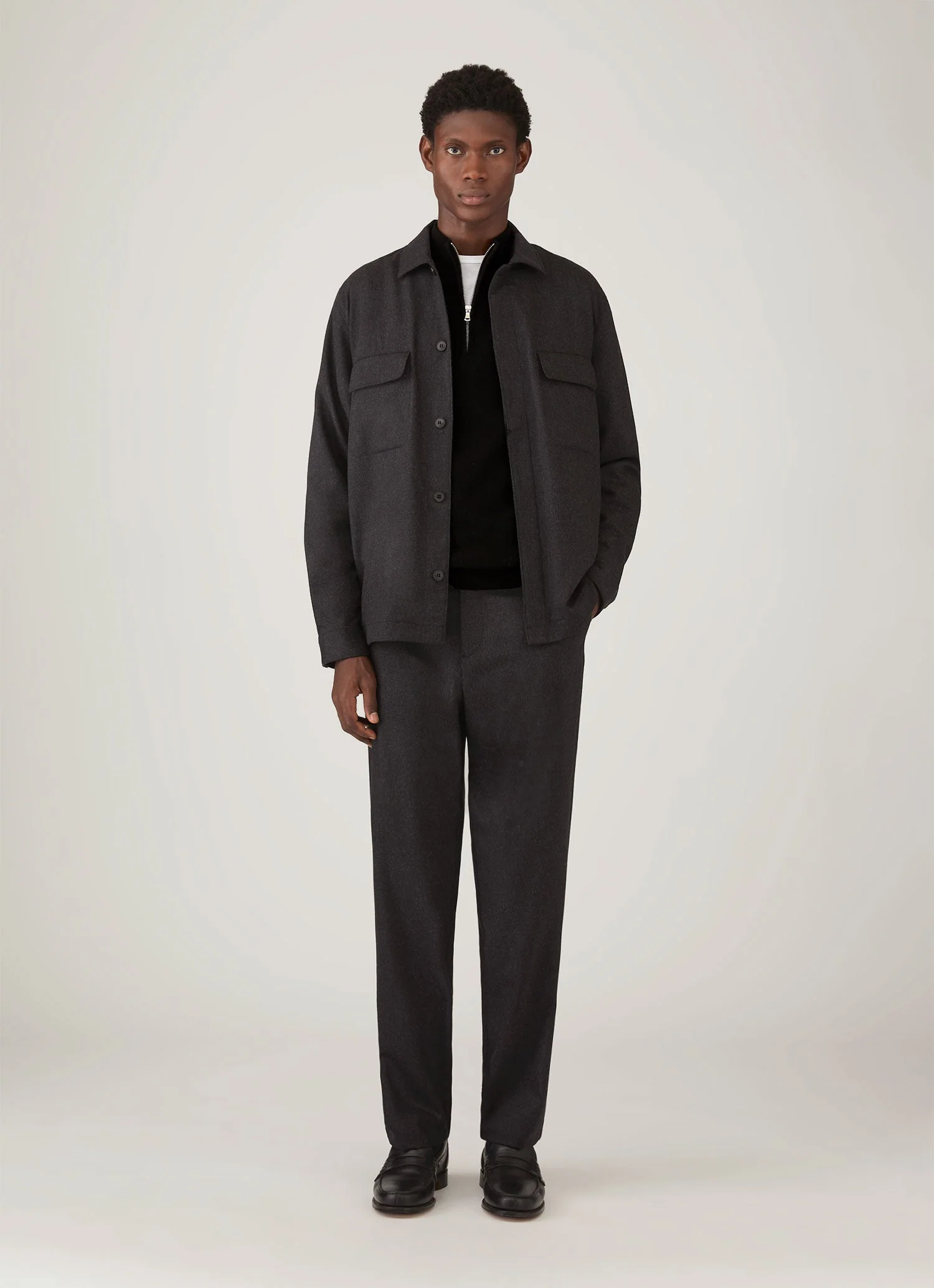 Men's Wool Cashmere Flannel Overshirt in Charcoal Melange - Image 3
